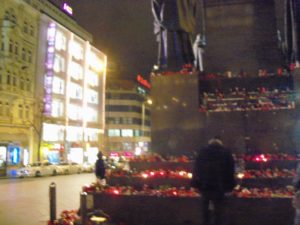 A memorial in Prague, illuminated by candles. May we never forget.